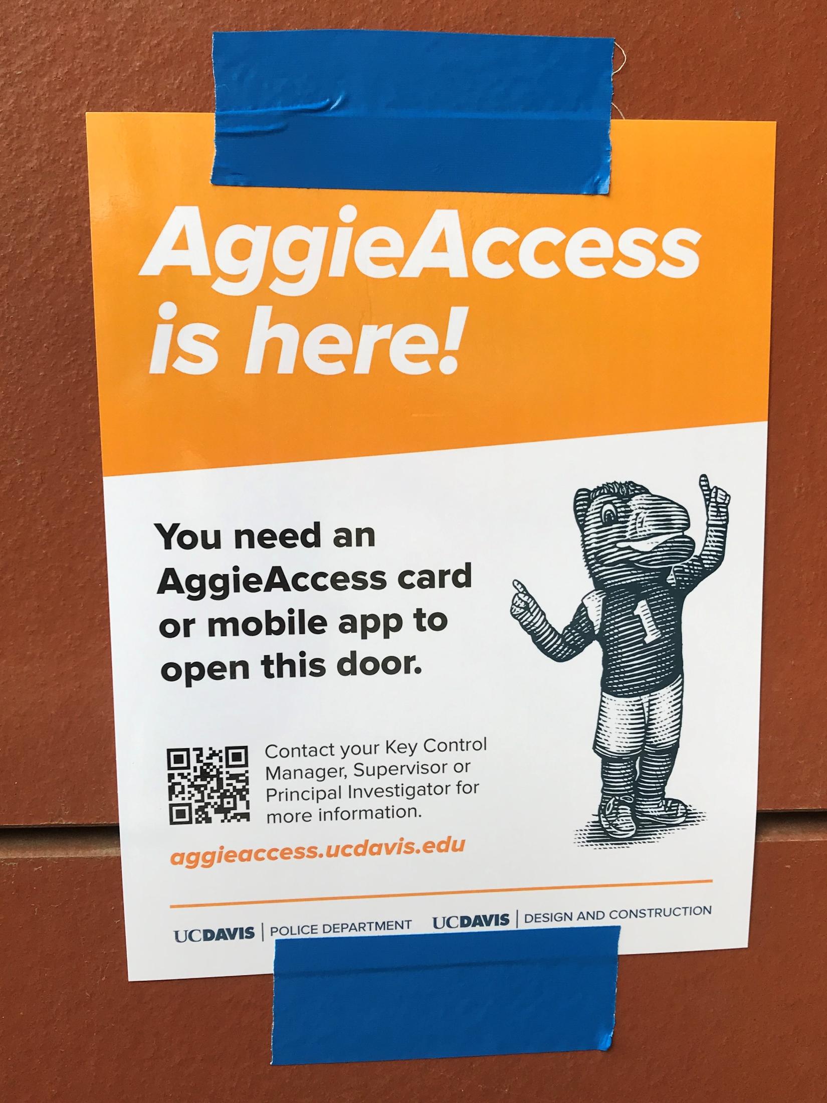 "AggieAccess is here!" sign